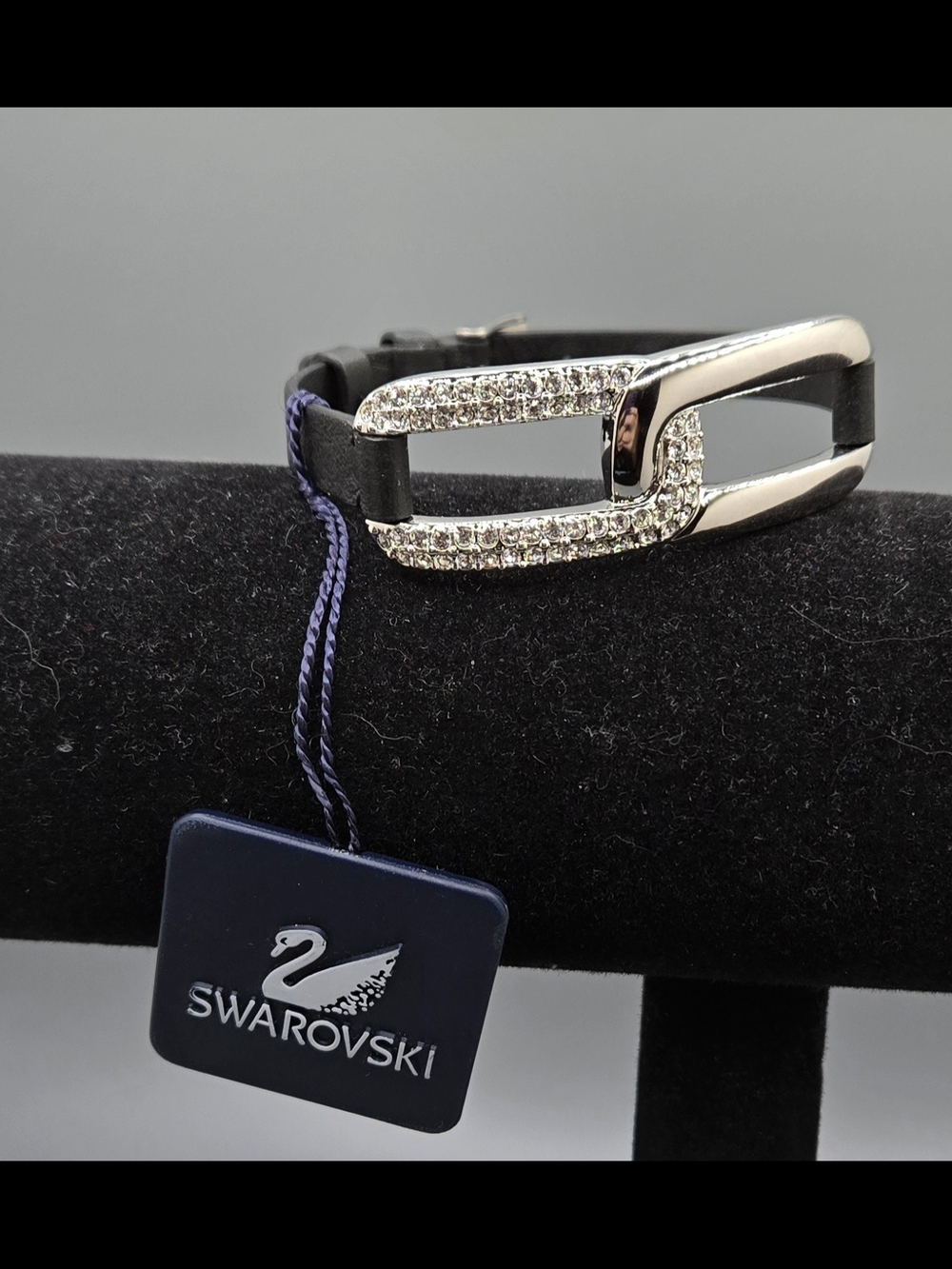 Swarovski Bracelet Black Leather Band w/ Silver Tone & Crystal Adjustable Sz NWT